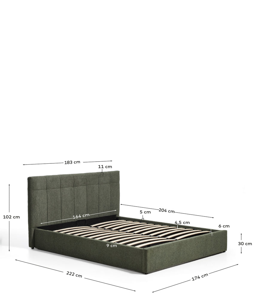 Darnela moss green chenille bed with folding storage base for 160 x 200cm mattress
