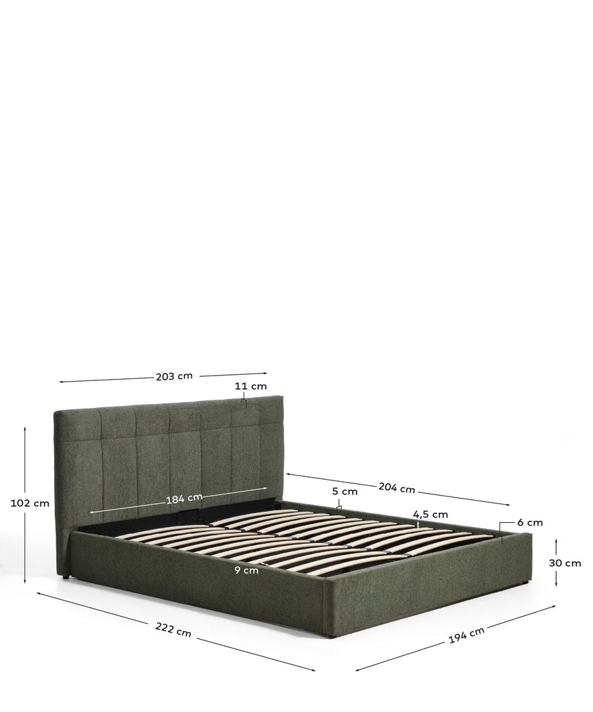 Darnela moss green chenille bed with folding storage base for 180 x 200cm mattress