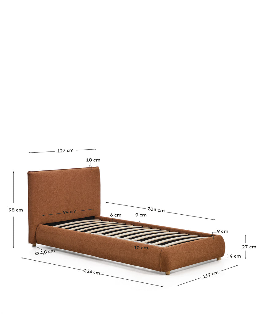 Elerio bed in soft copper chenille for 90 x 200cm mattress