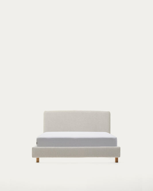 Cadre de lit déhoussable Valma en tissu chenille perle avec pieds en bois de hêtre pour lit de 90 x 200 cm.