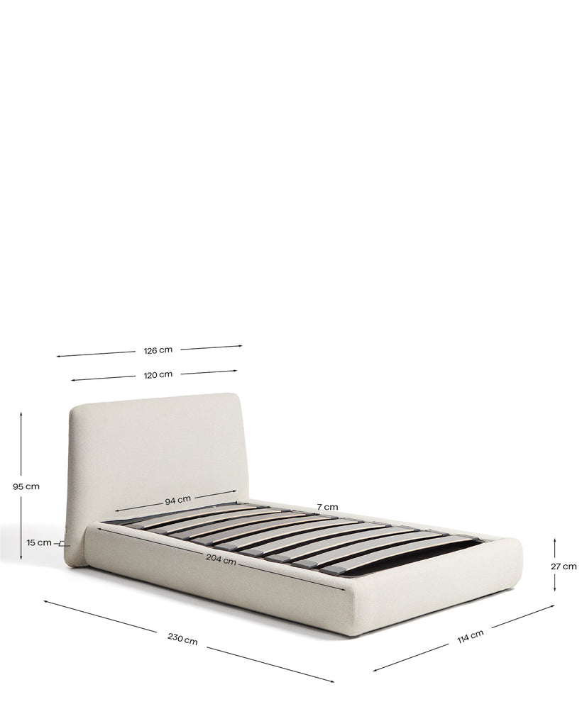 Martina bed with removable covers and folding storage base in ecru chenille for mattress 90 x 200cm