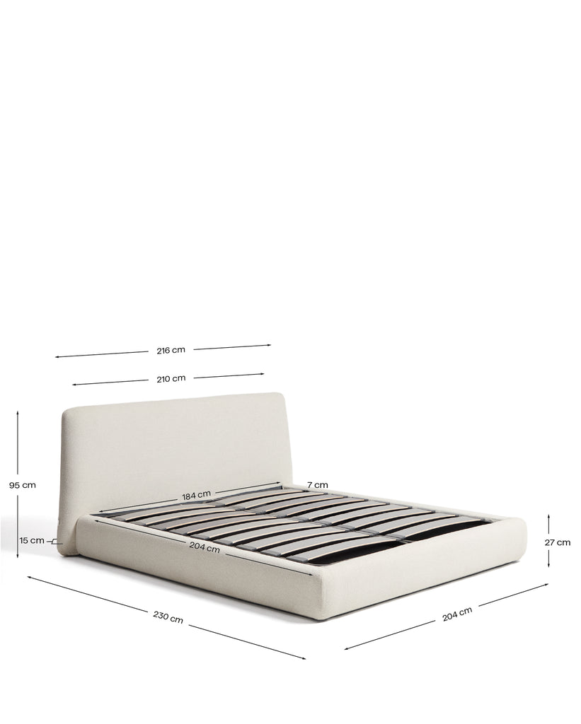 Martina bed with removable covers and folding storage base in ecru chenille for mattress 180 x 200cm