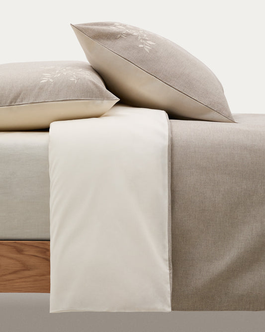 Ensemble Sotela housse de couette et taie d’oreiller à rayures avec broderie 100 % percale de coton beige lit 90 cm