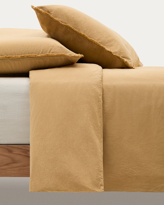 Ensemble Sifinia housse de couette et taie d’oreiller 100 % en percale de coton franges couleur moutarde lit 90 cm