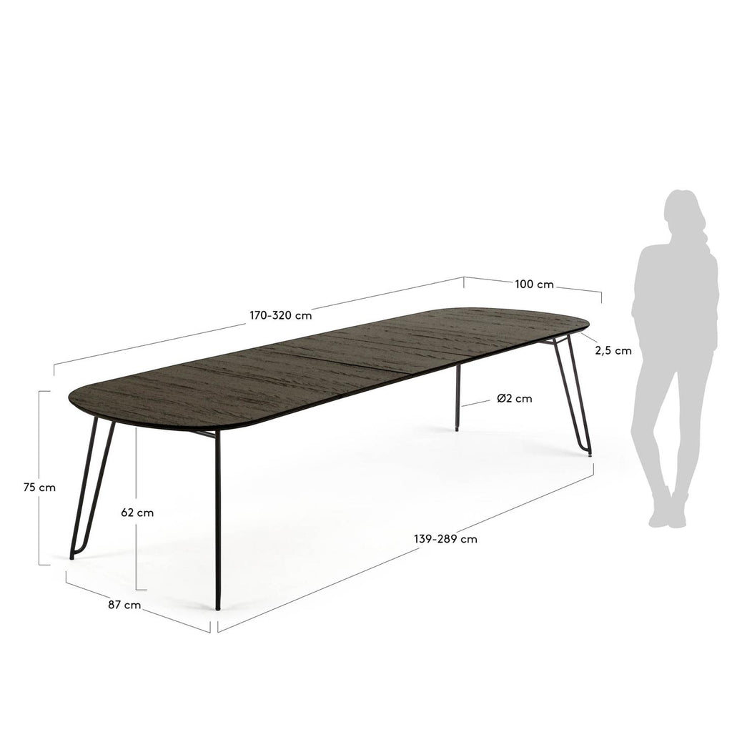 Table extensible Milian placage de frêne et pieds en acier noir 170 (320) x 100 cm