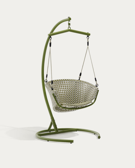 Fauteuil suspendu sur pied Saliga en aluminium et rotin synthétique vert