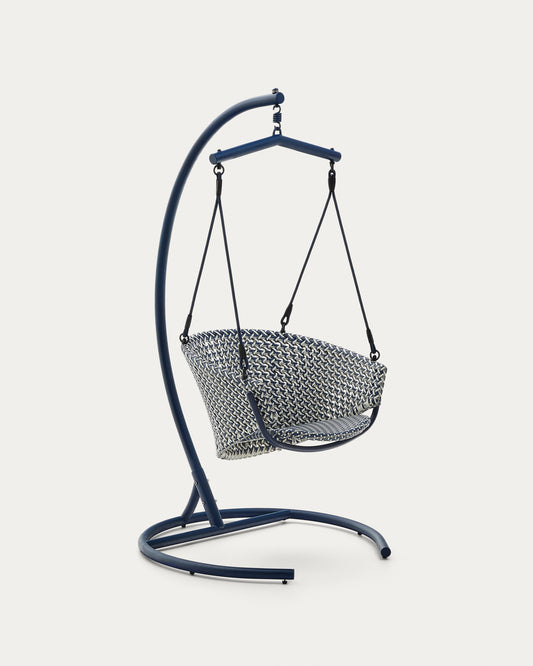 Fauteuil suspendu sur pied Saliga en aluminium et rotin synthétique bleu