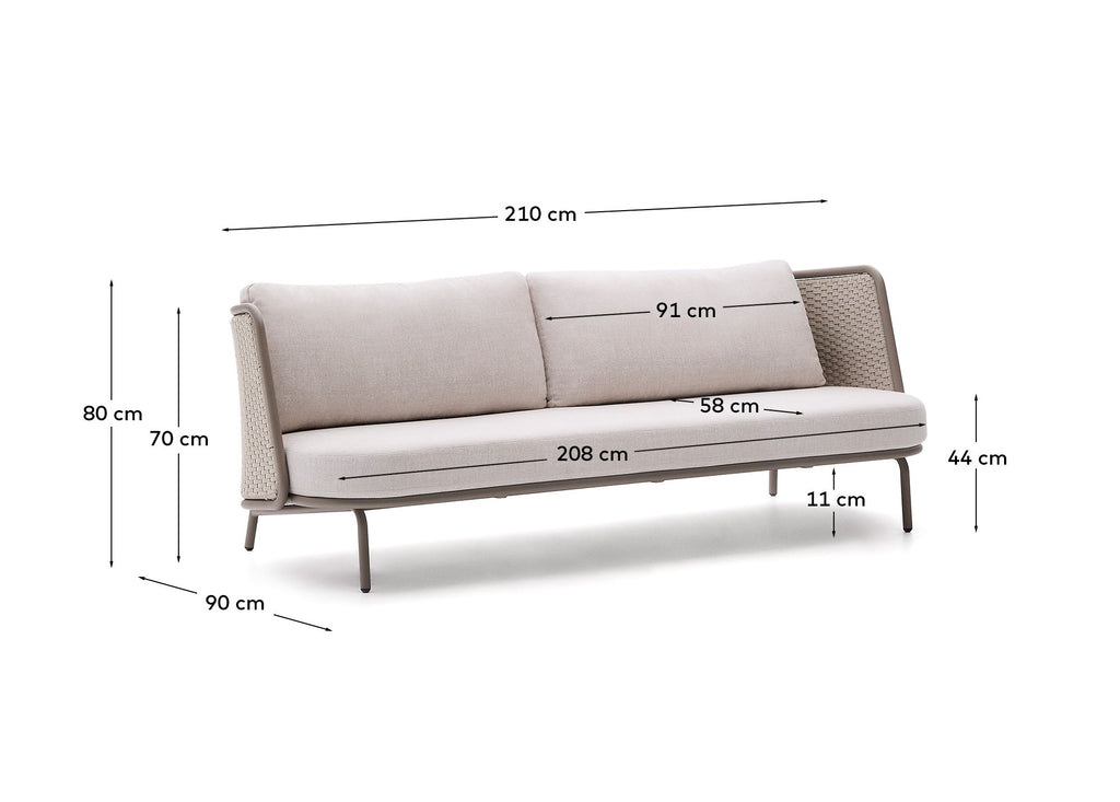Canapé 3 places d’extérieur Sedalis en aluminium et corde taupe 210 cm