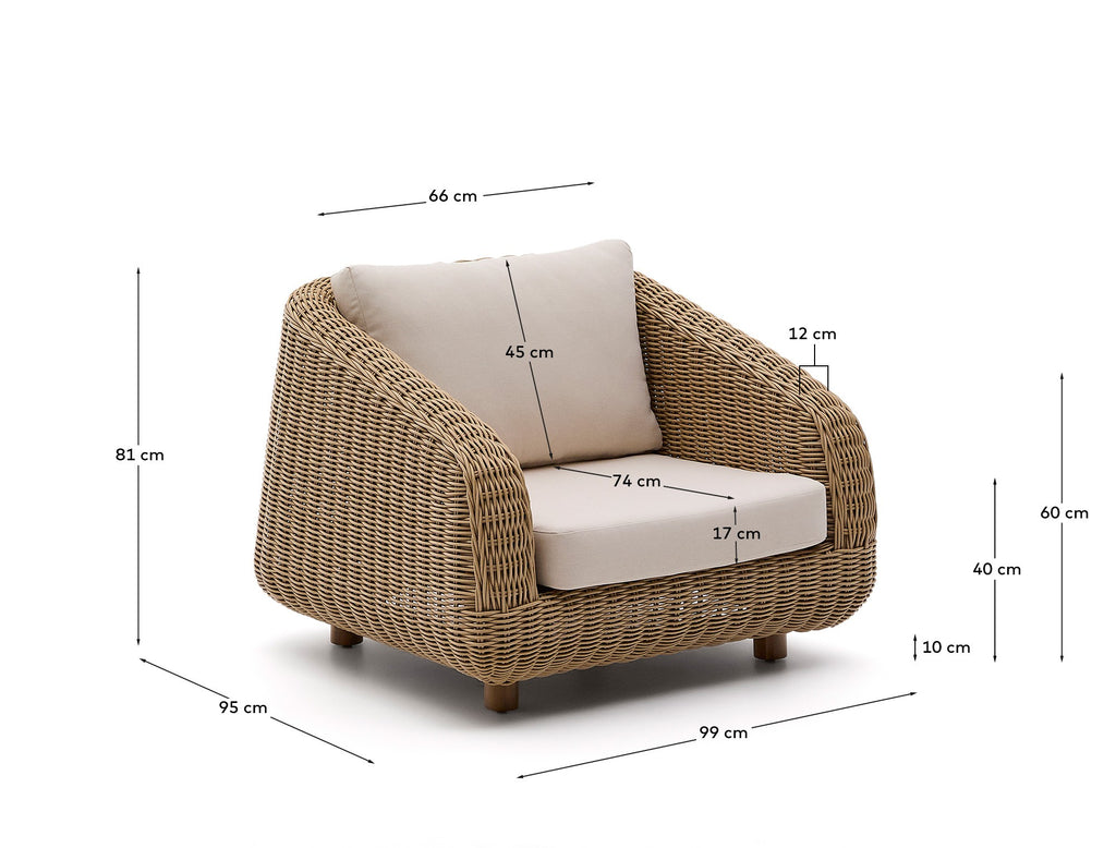 Fauteuil Meria en rotin synthétique et pieds en bois d’acacia FSC 100 %