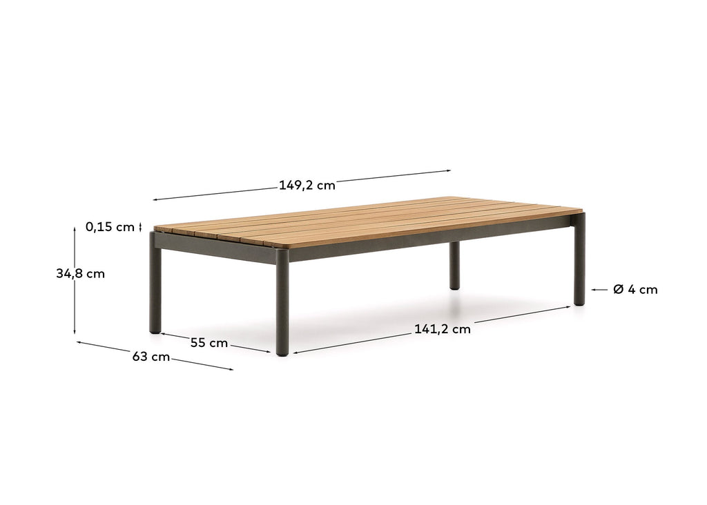 Table basse Sorells en aluminium vert et bois de teck 63 x 144,6 cm FSC 100%