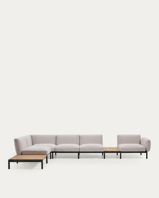 Canapé d’angle modulable d'extérieur Sorells 5 places revêtement beige et aluminium gris accompagné de tables en teck 277 x 446 cm FSC 100 %