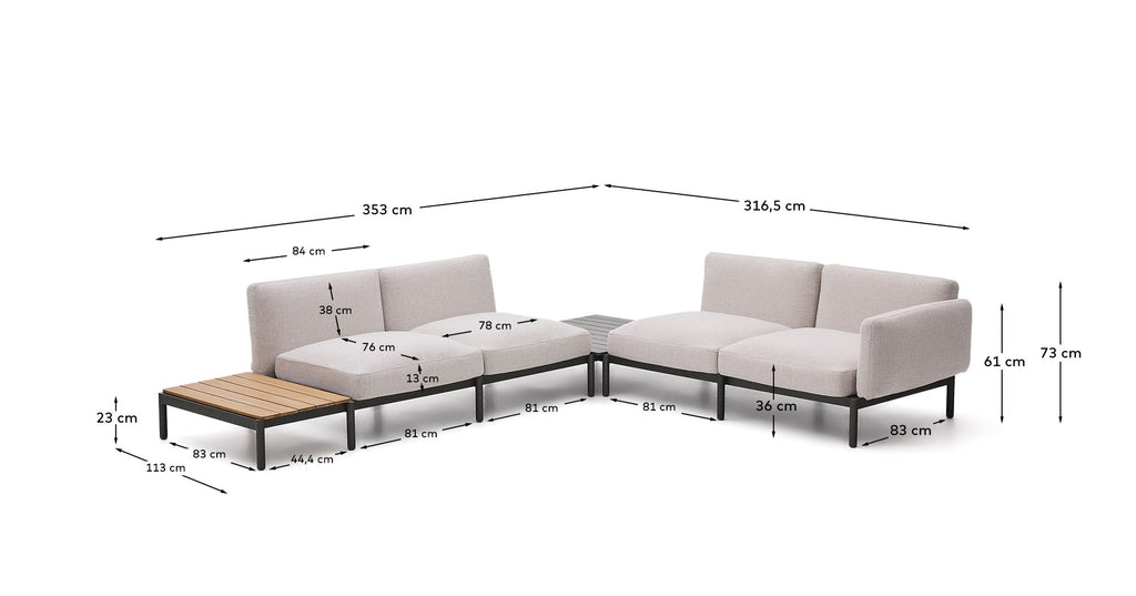 Canapé d’angle modulable d'extérieur Sorells 4 places revêtement beige et aluminium gris accompagné d’une table en teck 353 x 316,5 cm FSC 100 %