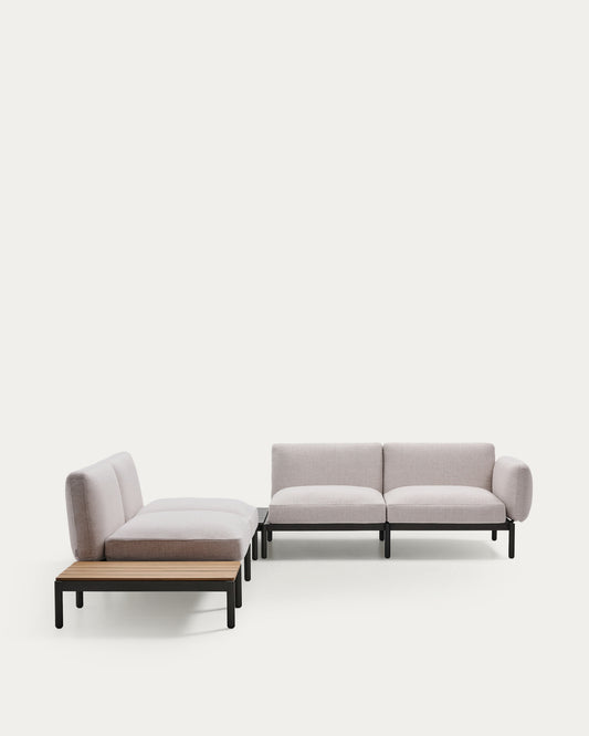 Canapé d’angle modulable d'extérieur Sorells 4 places revêtement beige et aluminium gris accompagné d’une table en teck 353 x 316,5 cm FSC 100 %