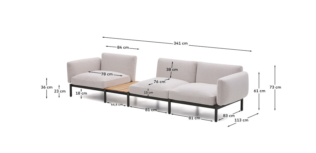 Canapé modulable d'extérieur Sorells 3 places revêtement beige et aluminium gris accompagné d’une table en teck 341 x 113 cm FSC 100 %