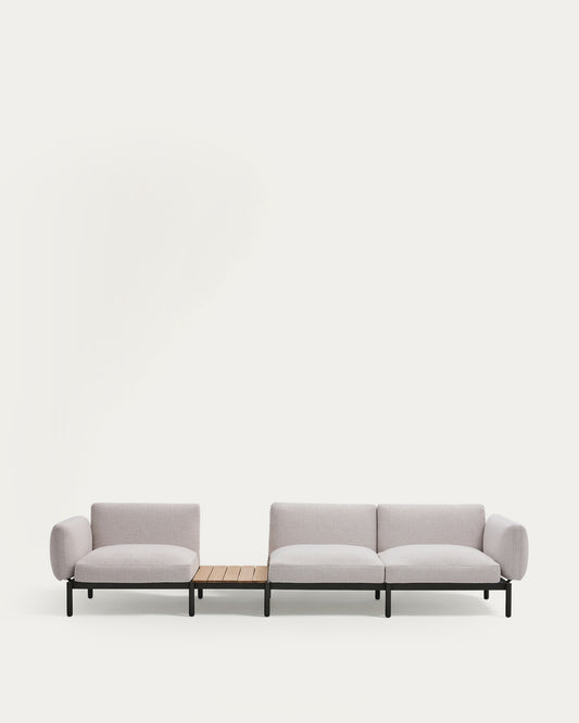 Canapé modulable d'extérieur Sorells 3 places revêtement beige et aluminium gris accompagné d’une table en teck 341 x 113 cm FSC 100 %