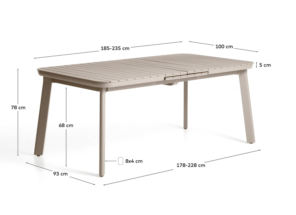 Table extensible d’extérieur Izola en aluminium avec finition taupe 185 (235) x 100 cm