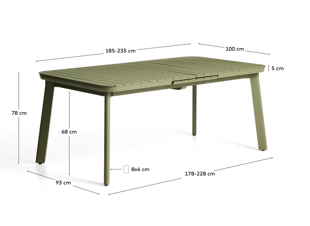 Table extensible d’extérieur Izola en aluminium avec finition verte 185 (235) x 100 cm