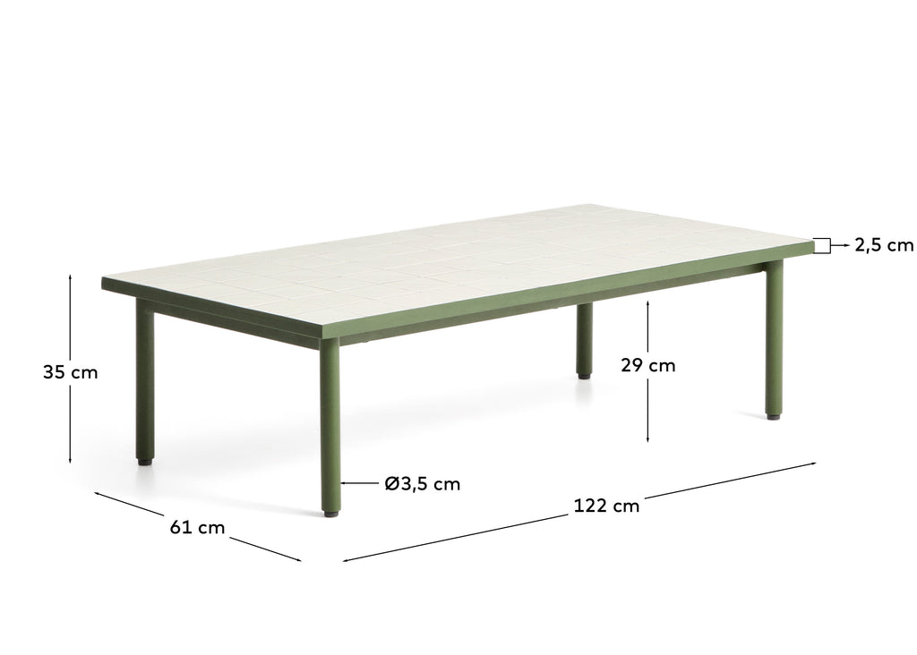 Table basse Maurina en acier galvanisé vert et céramique écrue 121 x 61 cm