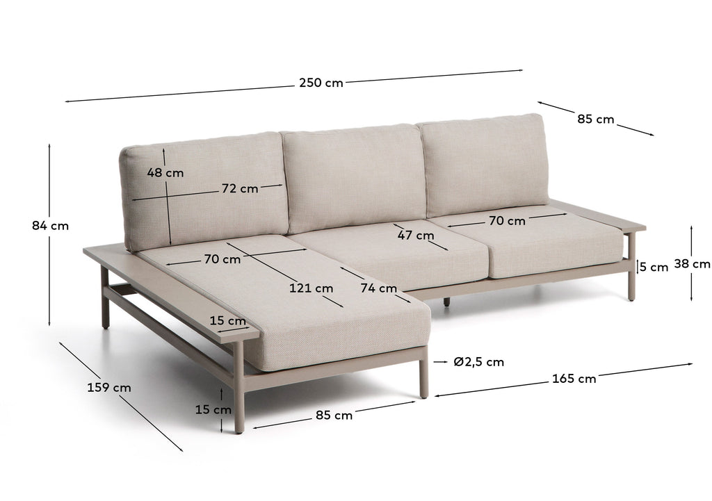 Canapé Vathi 3 places en aluminium avec chaise longue gauche taupe 250 x 159 cm