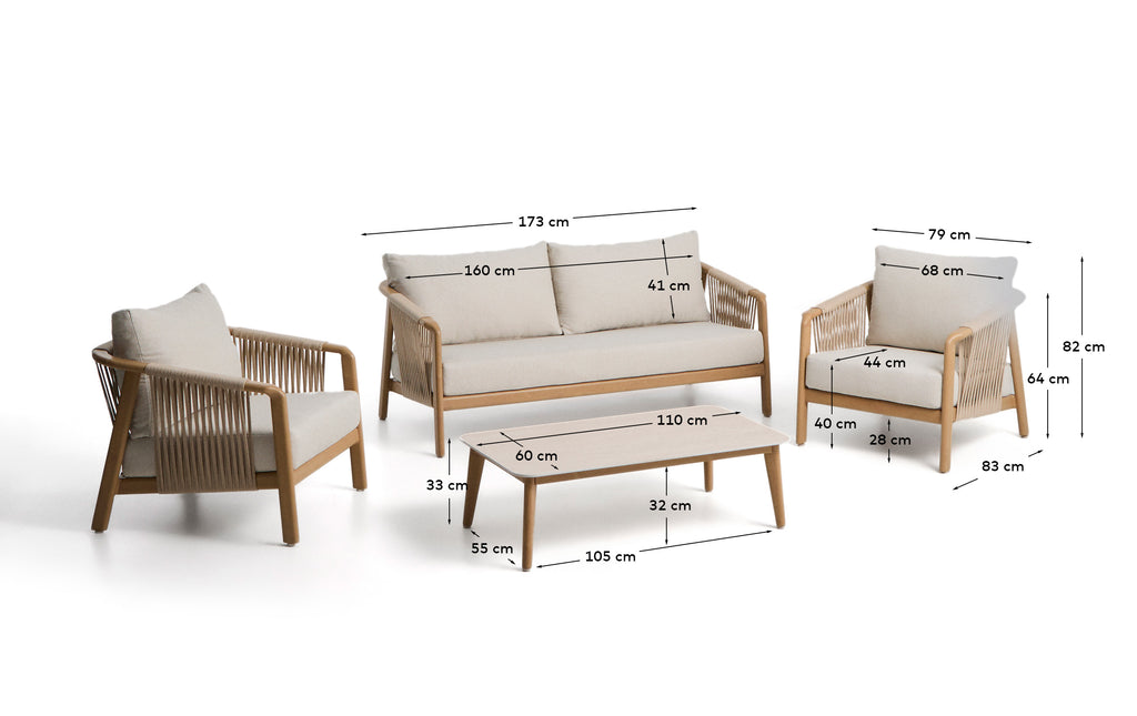 Ensemble d’extérieur Sirte avec canapé 3 places, 2 fauteuils et table en aluminium avec finition effet bois et coussins écrus