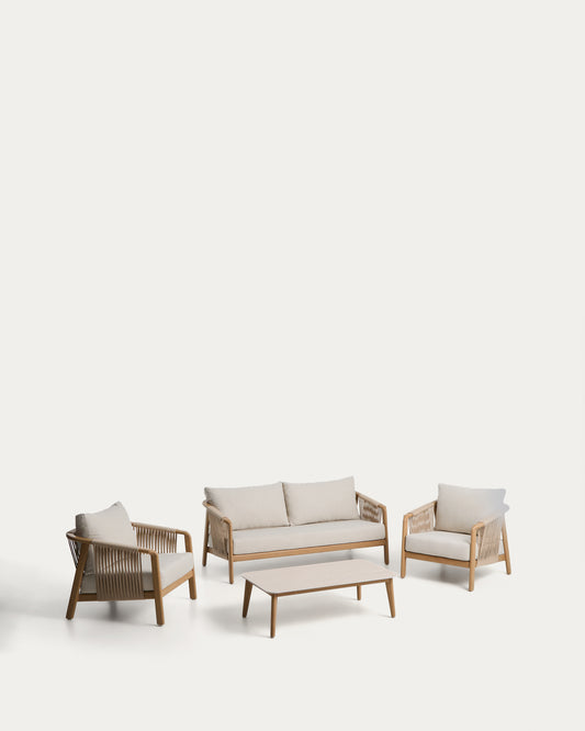 Ensemble d’extérieur Sirte avec canapé 3 places, 2 fauteuils et table en aluminium avec finition effet bois et coussins écrus