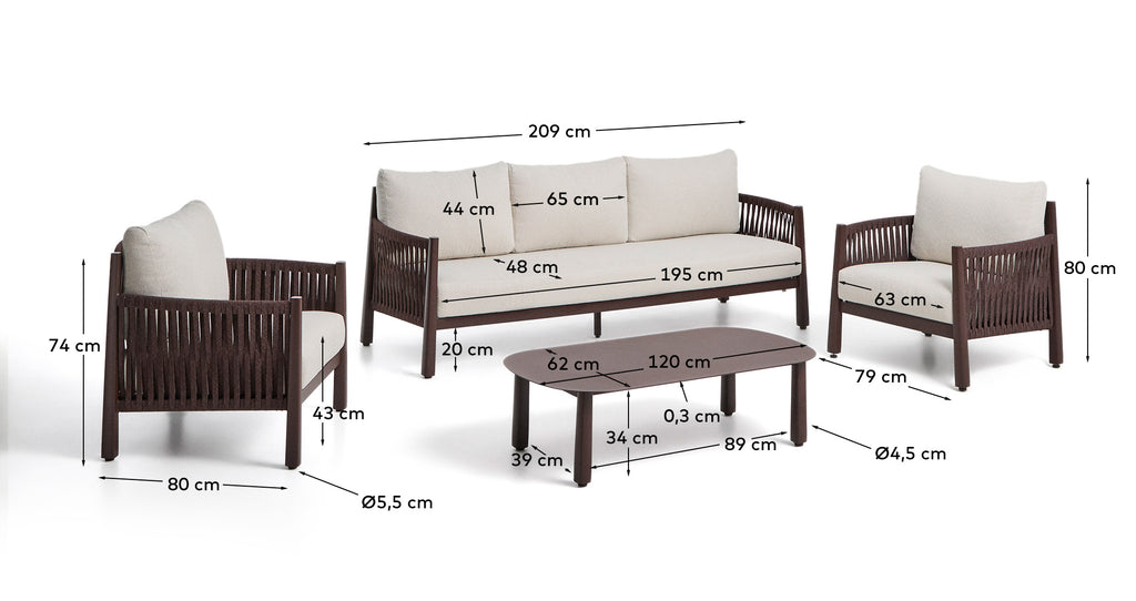 Ensemble Aleria : canapé 3 places, 2 fauteuils et table basse en aluminium et corde synthétique marron