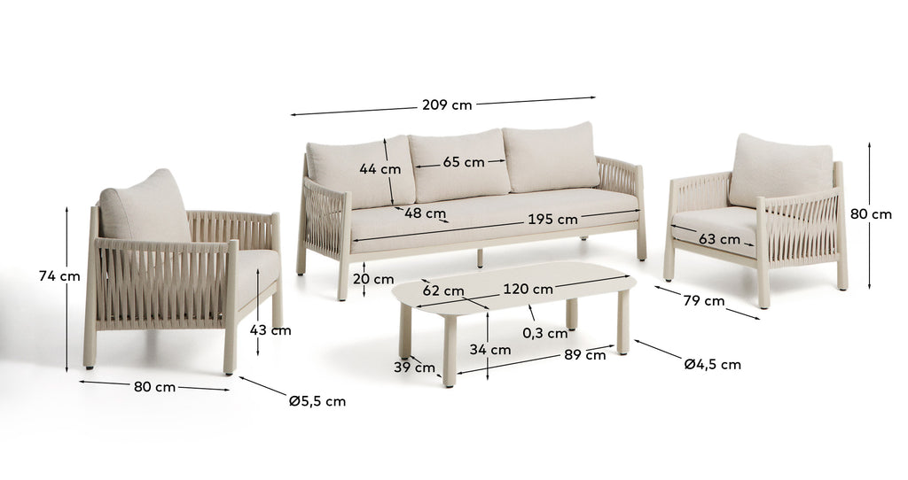 Ensemble Aleria avec canapé 3 places, 2 fauteuils et table basse en aluminium et corde synthétique écru