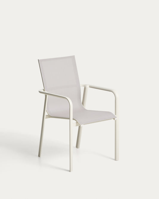 Chaise empilable d’extérieur Canea en textilène beige et aluminium écru
