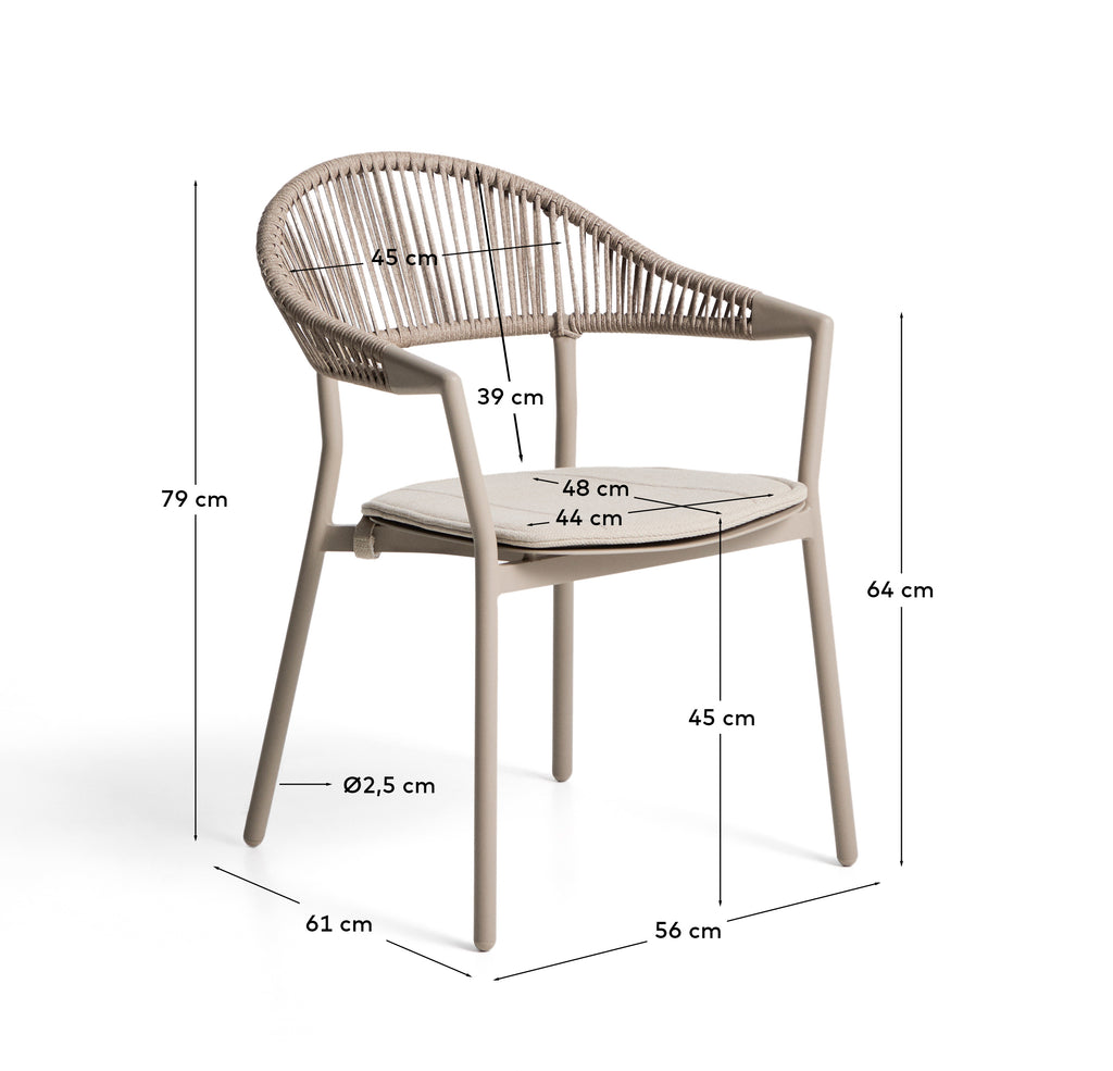 Chaise empilable d’extérieur Alimia en aluminium taupe et corde synthétique marron