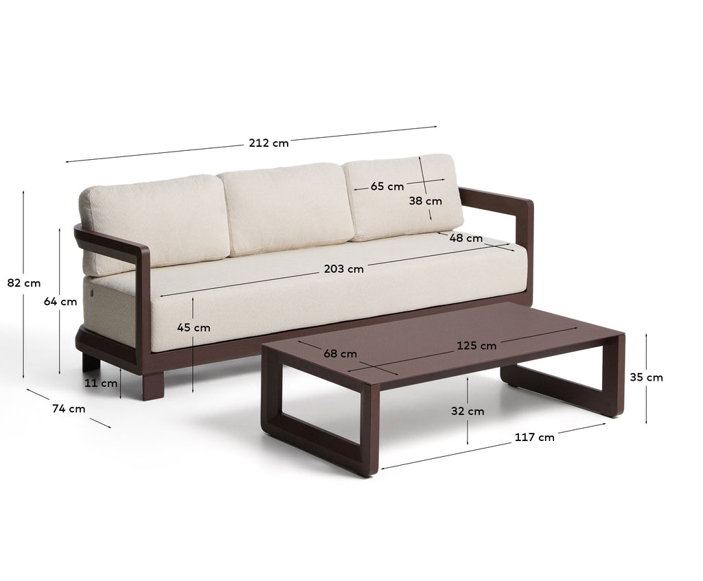 Ensemble Nerano canapé 3 places et table basse en aluminium marron