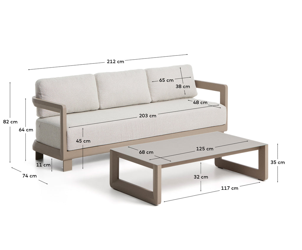 Ensemble Nerano canapé 3 places et table basse en aluminium taupe