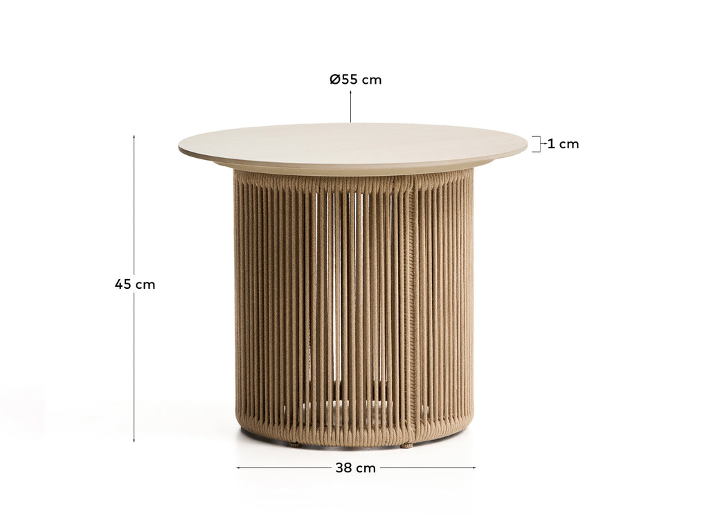 Table d’appoint d’extérieur Orosei en pierre frittée, aluminium et corde écrue Ø 55 cm