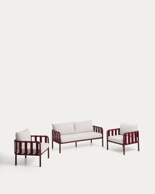 Ensemble Omala composé d’un canapé 2 places et 2 fauteuils en corde et aluminium bordeaux