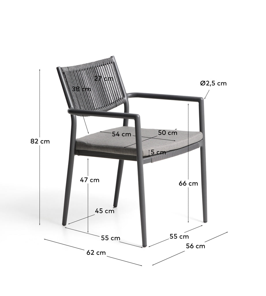 Chaise empilable d’extérieur Argasi en aluminium graphite et corde synthétique gris foncé