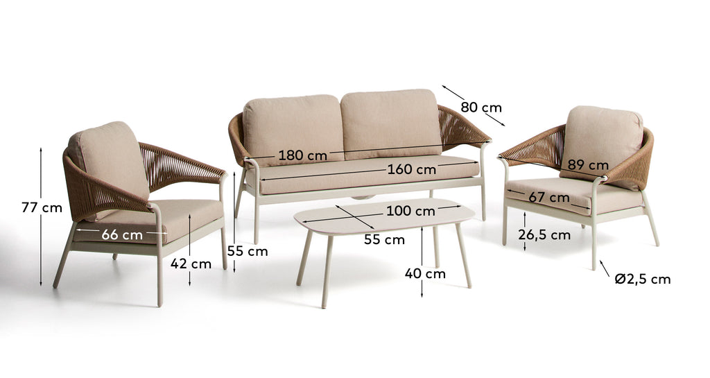 Ensemble Zuara : canapé 3 places, 2 fauteuils et table d’extérieur en aluminium écru et corde synthétique marron