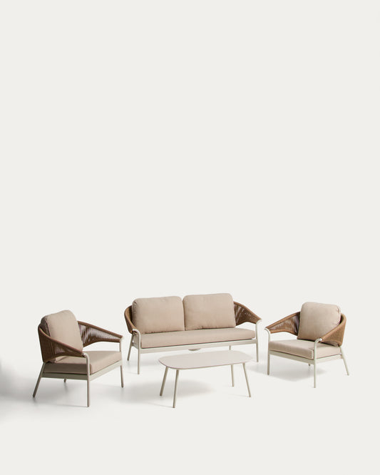 Ensemble Zuara : canapé 3 places, 2 fauteuils et table d’extérieur en aluminium écru et corde synthétique marron
