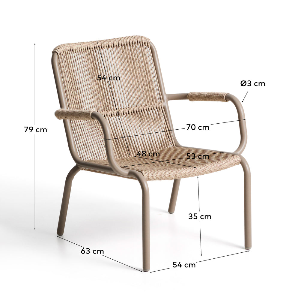 Fauteuil empilable Salis en aluminium taupe et corde synthétique beige
