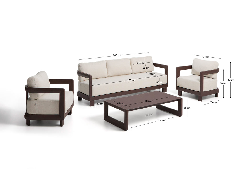 Set Nerano avec canapé 3 places, 2 fauteuils et table basse en verre trempé et aluminium marron