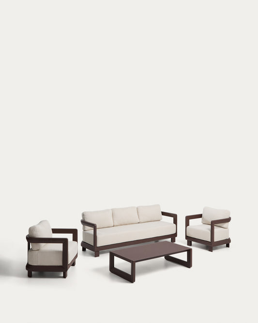 Set Nerano avec canapé 3 places, 2 fauteuils et table basse en verre trempé et aluminium marron