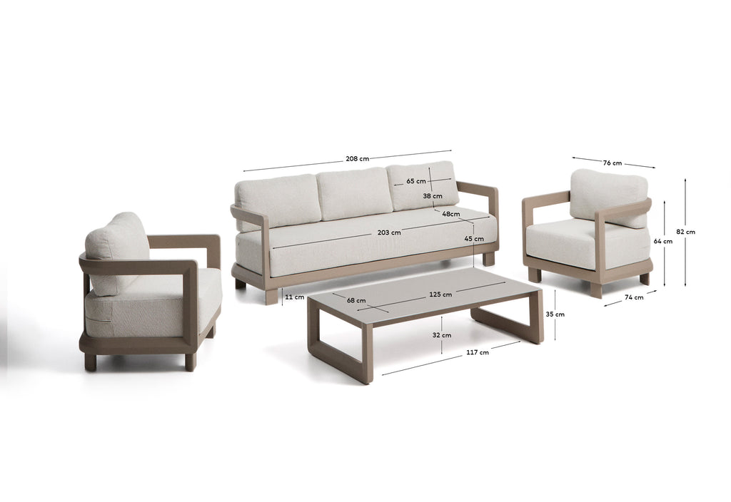 Set Nerano avec canapé 3 places, 2 fauteuils et table basse en verre trempé et aluminium taupe
