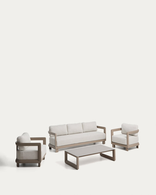 Set Nerano avec canapé 3 places, 2 fauteuils et table basse en verre trempé et aluminium taupe