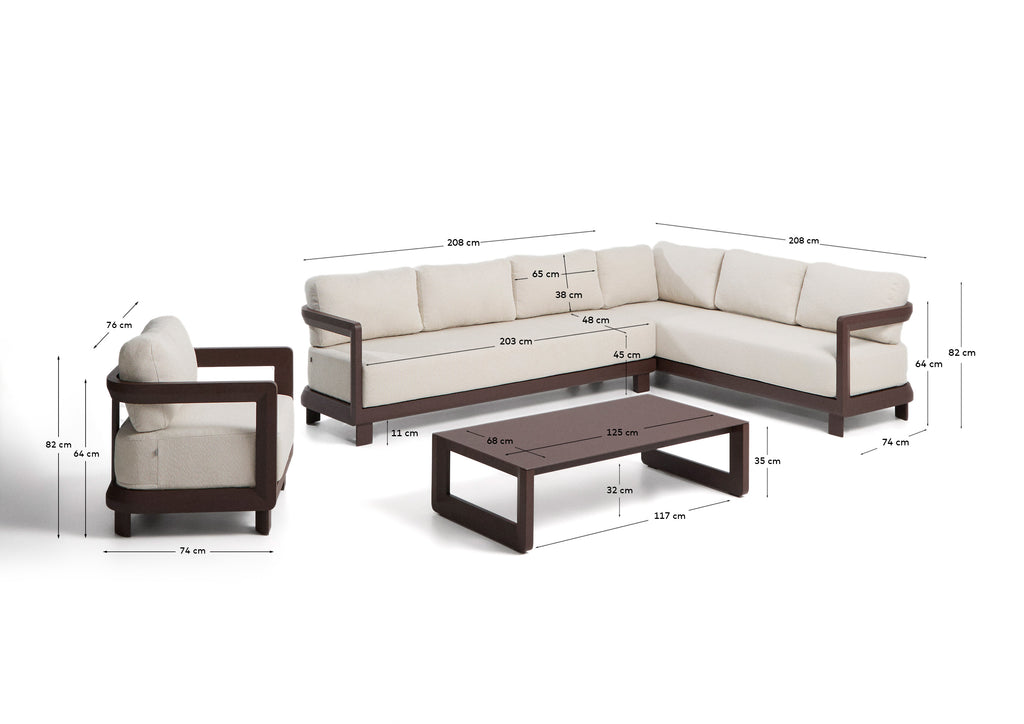 Set Nerano avec canapé d’angle 5 places, fauteuil et table basse en verre trempé et aluminium marron