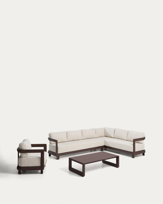 Set Nerano avec canapé d’angle 5 places, fauteuil et table basse en verre trempé et aluminium marron