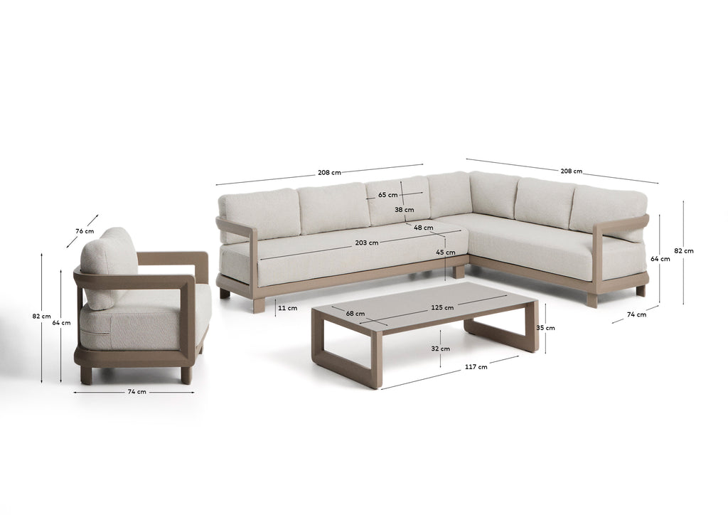 Set Nerano avec canapé d’angle 5 places, fauteuil et table basse en verre trempé et aluminium taupe