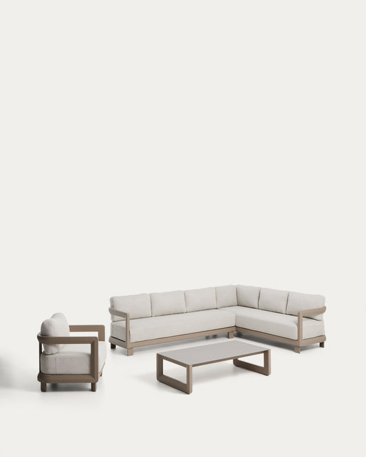 Set Nerano avec canapé d’angle 5 places, fauteuil et table basse en verre trempé et aluminium taupe