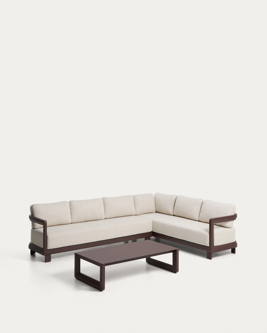 Set Nerano avec canapé d’angle 5 places et table basse en verre trempé et aluminium marron
