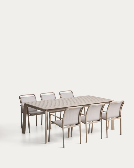 Ensemble table extensible Brela en aluminium taupe et 6 chaises Luri en aluminium taupe et textilène beige 205 (287) x 100 cm