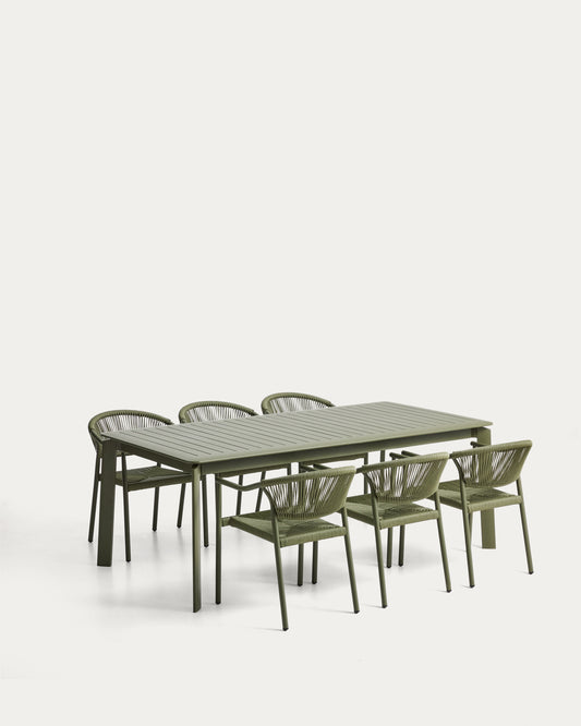 Ensemble table extensible Brela en aluminium et 6 chaises empilables Livadia en aluminium et corde synthétique verte 205 (287) x 100 cm
