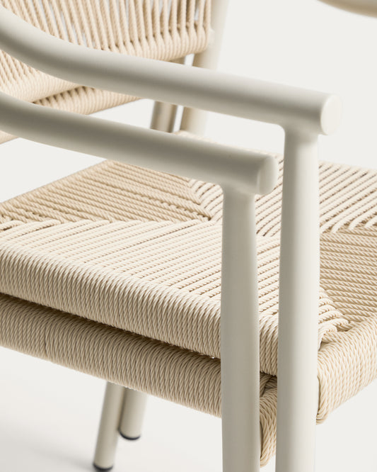 Ensemble table extensible Brela en aluminium et 6 chaises empilables Livadia en aluminium et corde synthétique écrue 205 (287) x 100 cm