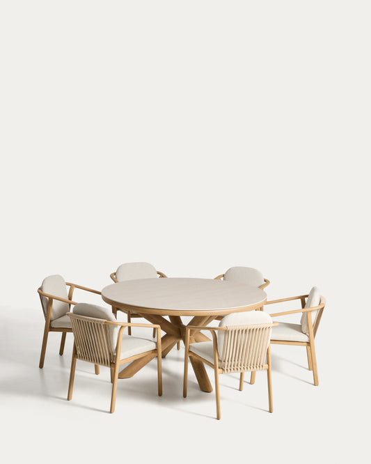 Ensemble table Mirtia en aluminium effet bois et en pierre frittée écrue et 6 chaises Sirte en aluminium effet bois et corde écrue Ø 148 cm